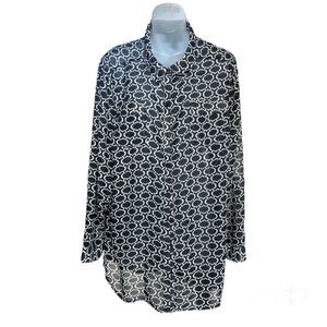 Lane Bryant 18/20 B & W Lattice Print Chiffon Roll Sleeve Button Blouse